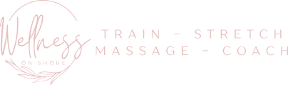 Wellness On Shore logo featuring the brand name and services: train, stretch, massage, coach, emphasizing wellness and recovery.