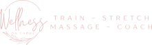 Wellness On Shore logo featuring the brand name and services: train, stretch, massage, coach, emphasizing wellness and recovery.