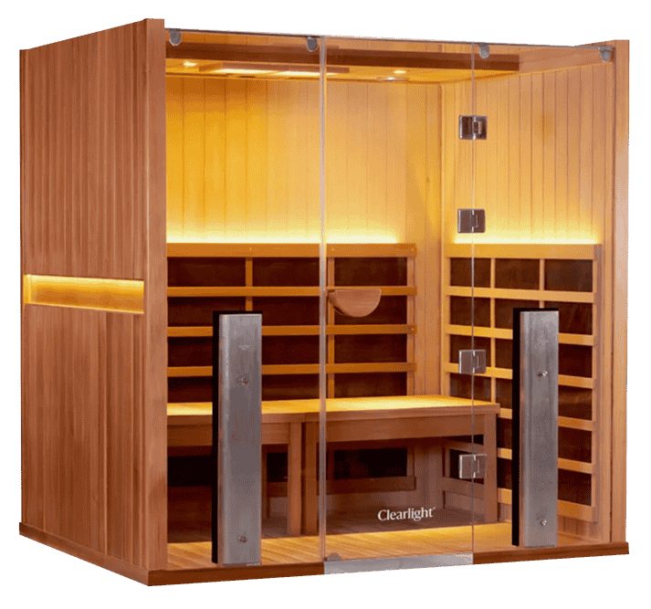 Infrared sauna cabin with wooden interior and glass doors, featuring medical-grade infrared therapy for wellness and relaxation at Wellness On Shore in Balmain.