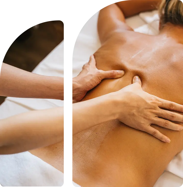 Massage therapy session focusing on back relief, hands applying pressure on skin, promoting relaxation and wellbeing at Wellness on Darling in Balmain.