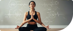 Woman meditating in a yoga pose with health and wellness graphics in the background, symbolizing the mind-body connection and holistic well-being.