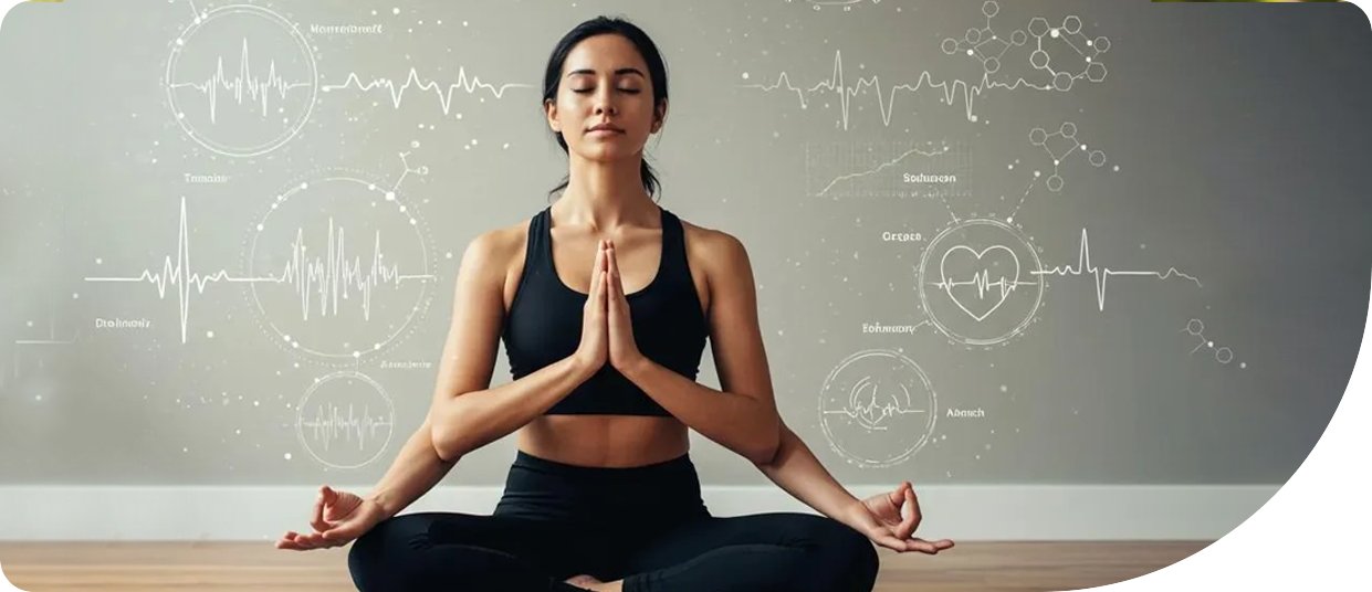 Woman practicing yoga in a meditative pose with visual representations of heart rate and health metrics, symbolizing the mind-body connection and wellness benefits of yoga.