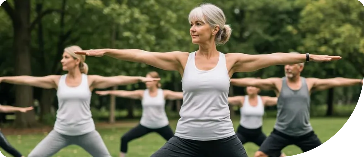 Group of adults practicing yoga in a park, focusing on balance and strength through warrior poses, promoting physical health and vitality.