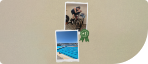 Person training on a stationary bike and an outdoor swimming pool, emphasizing fitness and wellness achievements in a community-focused context.