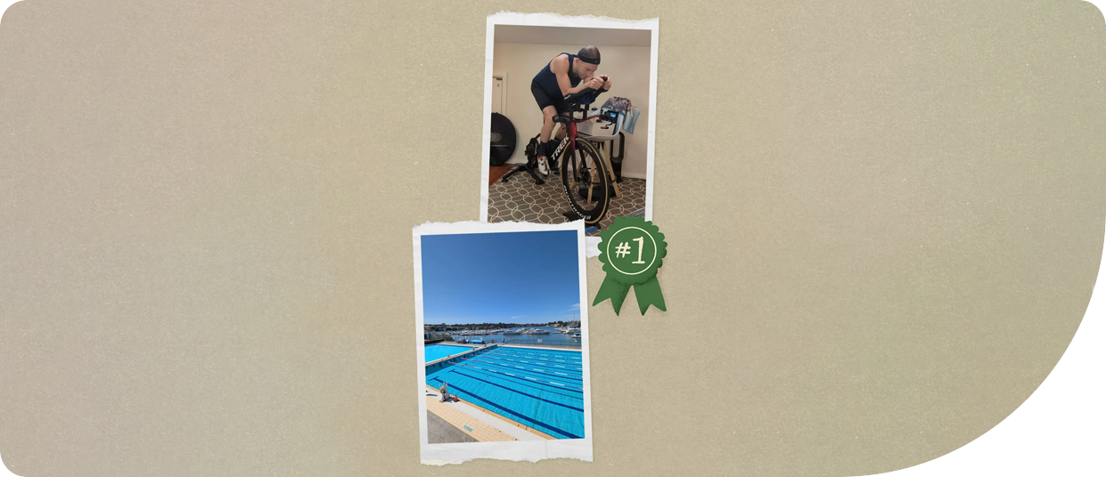 Person training on a stationary bike indoors and a view of an outdoor swimming pool, featuring a "#1" ribbon, illustrating the journey of returning to fitness and wellness.