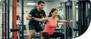Personal trainer assisting a woman with resistance band exercise in a fitness gym, highlighting personalized training and client engagement strategies.