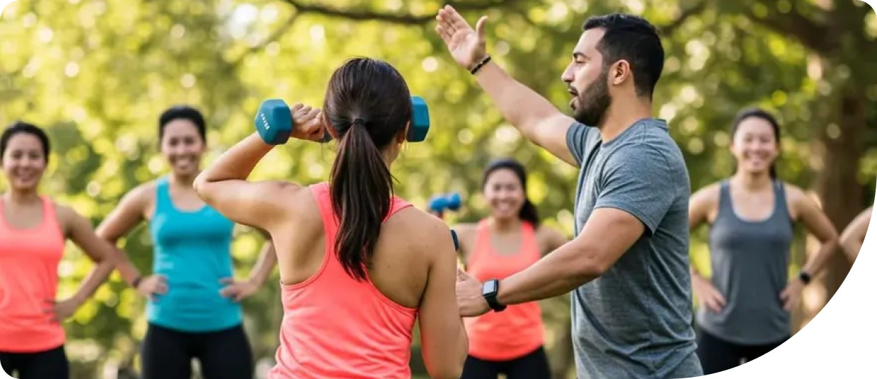 Group fitness training session in a park, personal trainer instructing a client with dumbbells, participants in vibrant workout attire, emphasizing community engagement and motivation in personal training.