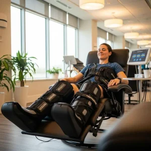 Person relaxing in a chair wearing Normatec compression boots for muscle recovery, in a wellness center environment with large windows and greenery.